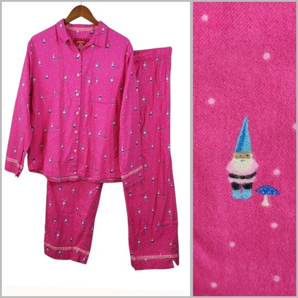 Xhilaration PJ Set XL Pink Christmas Gnome Mushroom Flannel Pants Elastic Waist - Picture 1 of 7
